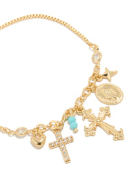 Gold Plated Cubic Zirconia Cross  & Heart Charms Toggle Bracelet - link has visual effect only