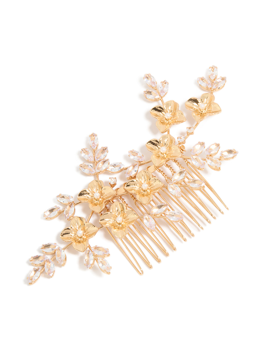Showcasing an elegant gold diamante gleaming comb featuring leaf and floral details in a dainty design front view
