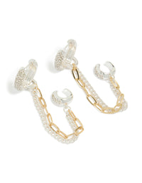 Showcasing mixed metal plated diamante multi chain and cuff huggie earrings with statement style in gold and silver front view - link has visual effect only