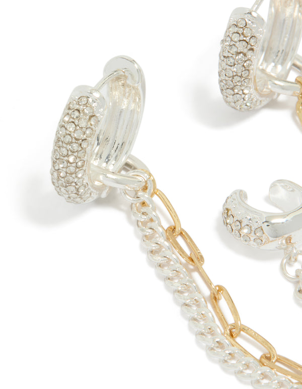 Detailed look at mixed metal plated diamante multi chain and cuff huggie earrings statement style in gold and silver close up view