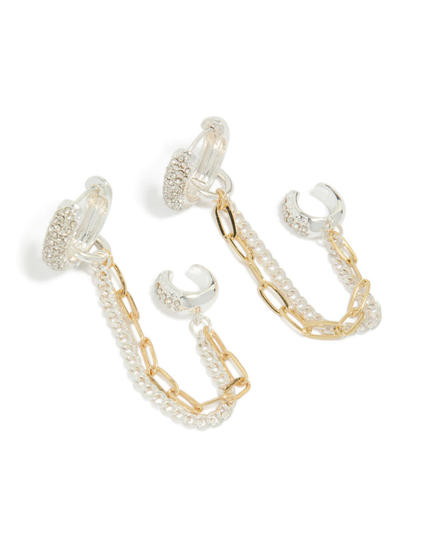 Showcasing mixed metal plated diamante multi chain and cuff huggie earrings with statement style in gold and silver front view
