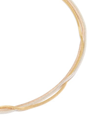 Showcasing a mixed metal thin snake chain necklace 3-pack featuring sterling silver plated, gold plated, and rose gold pendant in close up view - link has visual effect only
