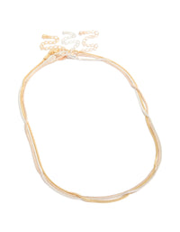 Discover a thin snake chain necklace 3-pack with mixed metal finishes in sterling silver plated, gold plated, and rose gold featuring pendant front view - link has visual effect only