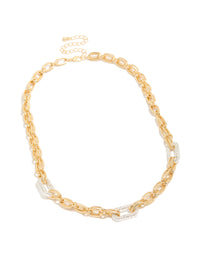 Showcasing mixed metal plated diamante large multi link necklace in gold and silver with chunky design front view - link has visual effect only