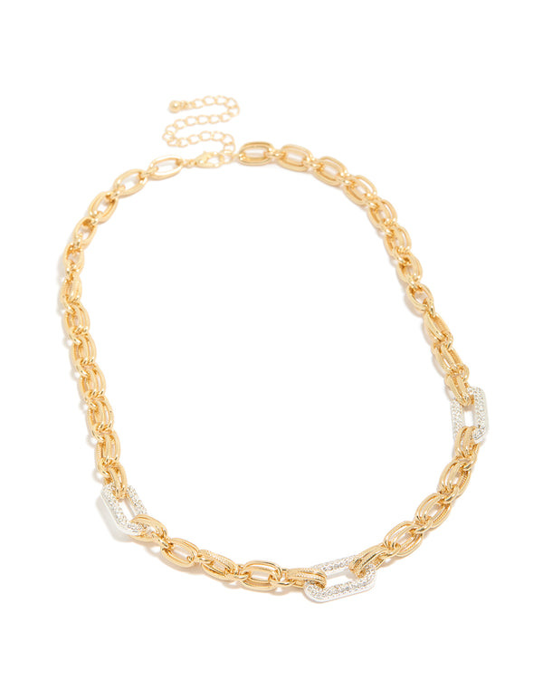 Showcasing mixed metal plated diamante large multi link necklace in gold and silver with chunky design front view