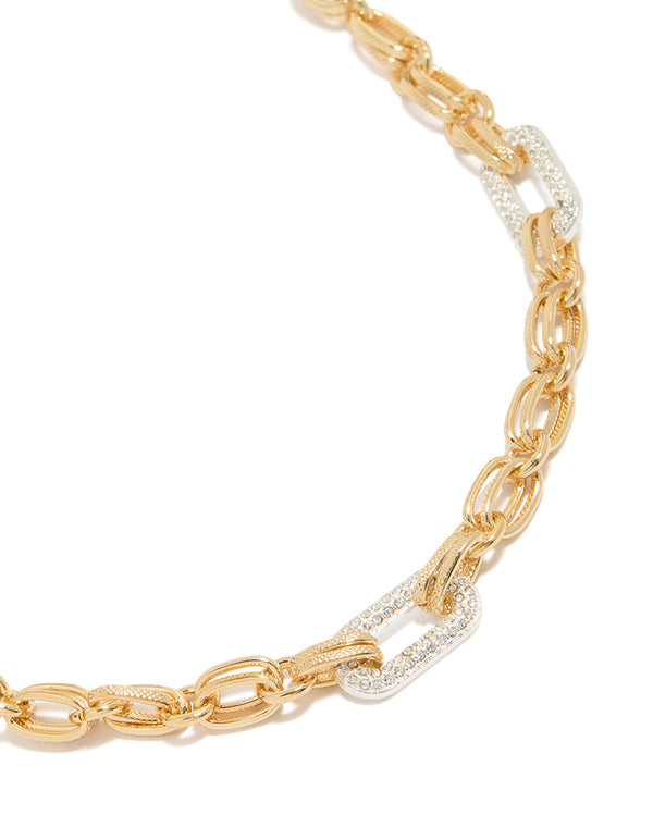 Featuring mixed metal plated diamante large multi link necklace in gold and silver with chunky styling close up view
