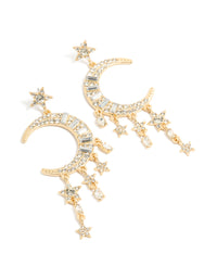 Beautifully crafted statement drop earrings featuring celestial charm details in gold and diamante front view - link has visual effect only