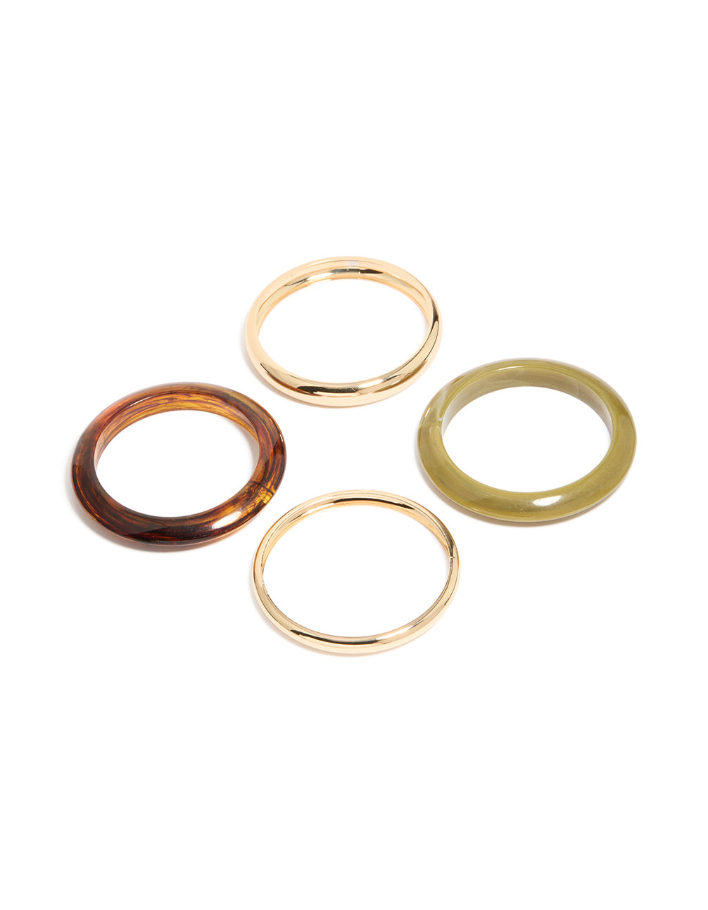 Showcasing gold and green acrylic bangles in a 4-pack front view