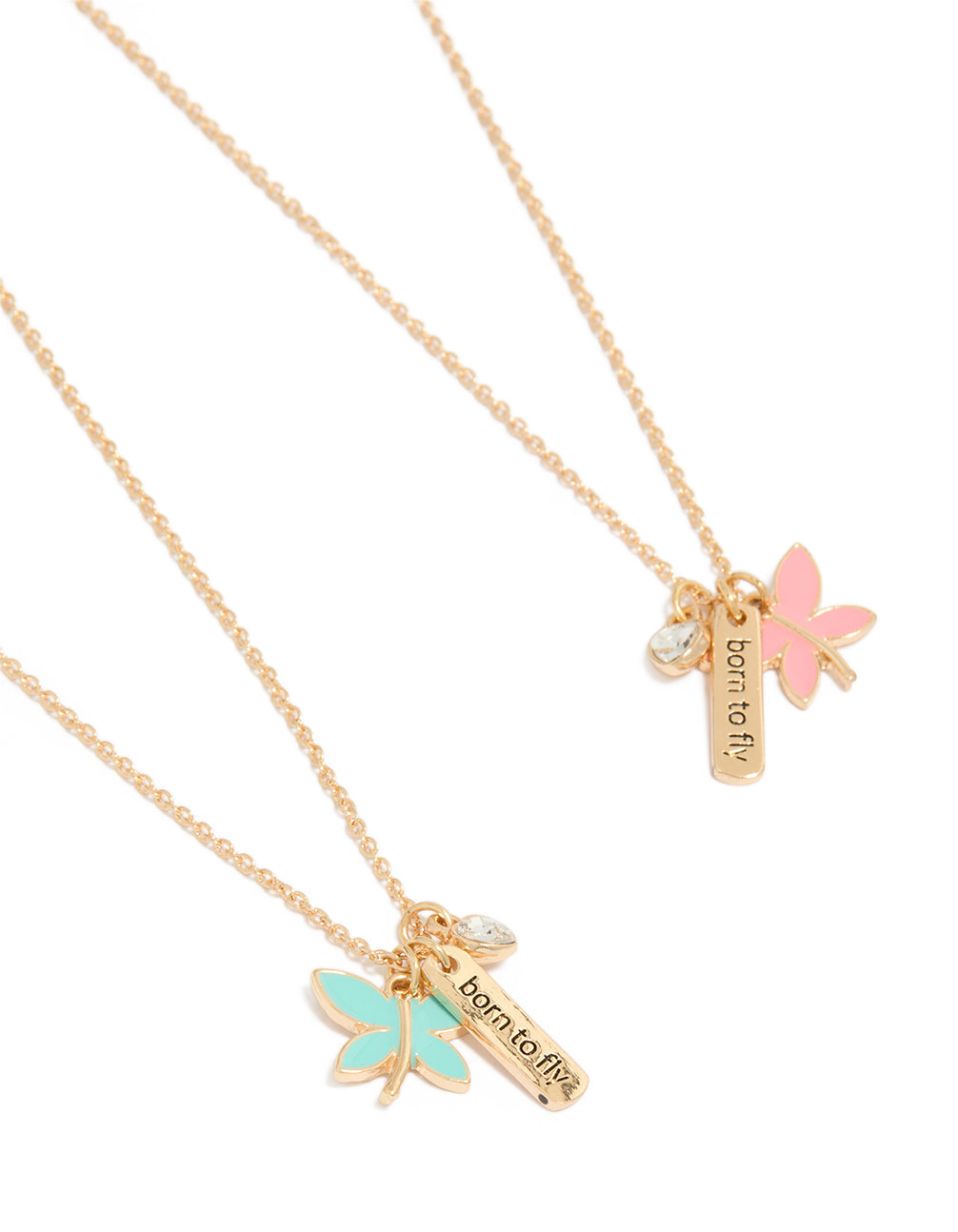 Featuring kids gold dragonfly and born to fly bar charm pendant necklaces in a 2-pack with butterfly and script details front view