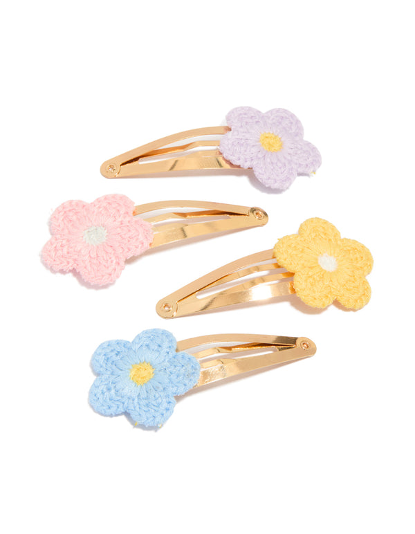 Kids Pastel Crochet Flower Snap Clips 4-Pack