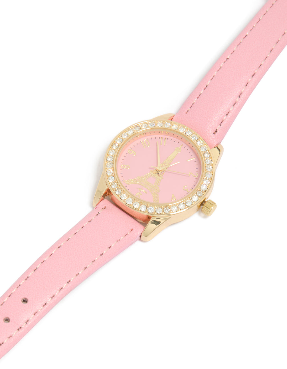 Discover this kids gold Eiffel Tower watch on a round dial with pink strap crafted from PU leather, designed for casual analog wear watch face detail view