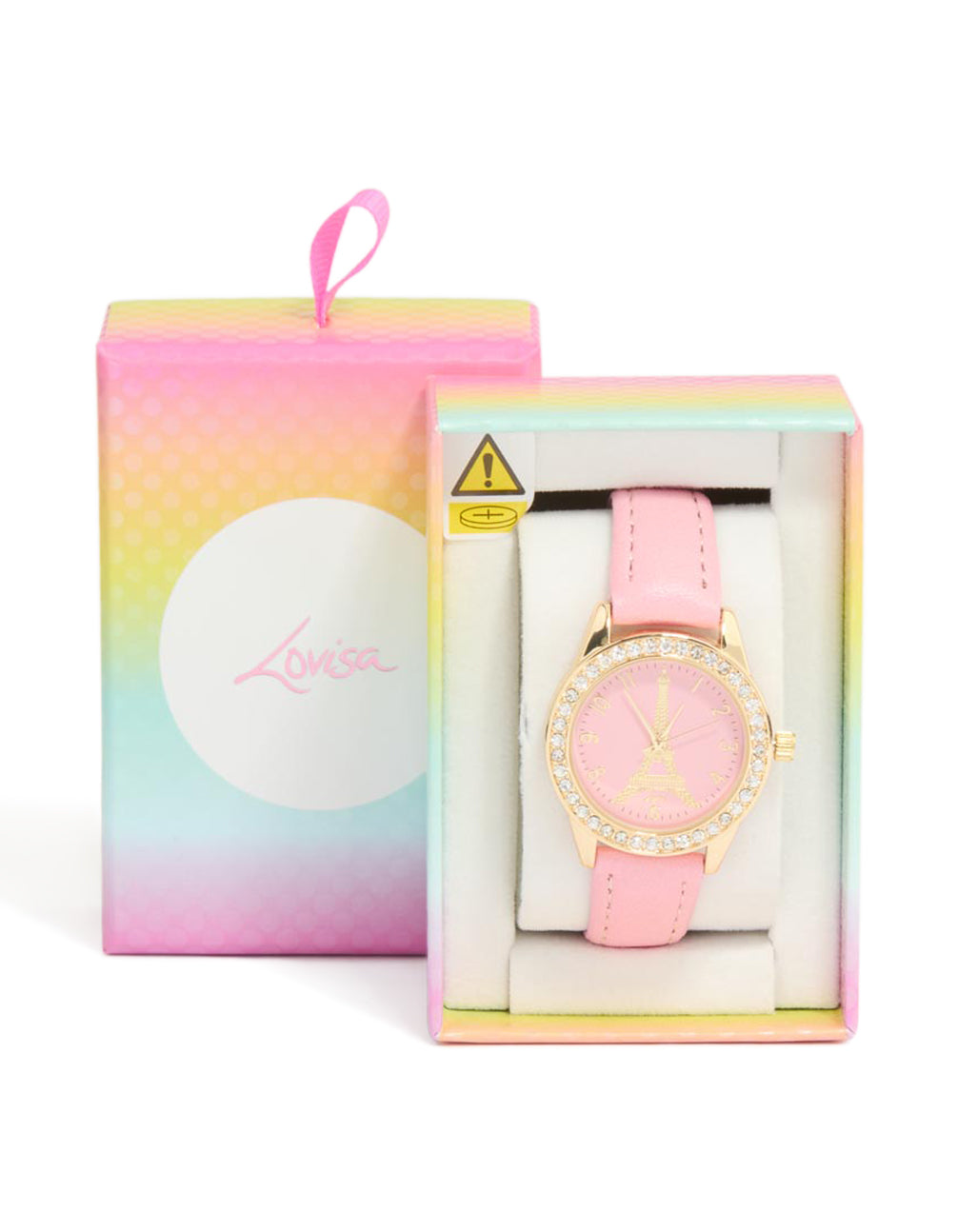 Beautifully presented kids gold Eiffel Tower watch on a round dial featuring pink strap crafted from PU leather, designed for casual analog wear case detail view