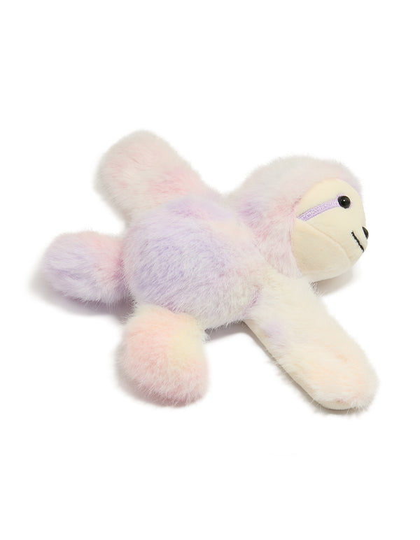 Featuring a plush sloth in lavender, light pink, and beige tones, this kids slap band bracelet is shown in a front view