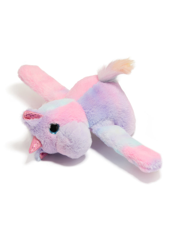 Featuring a kids plush animal bracelet with unicorn and glitter accents in light pink, lavender, aqua, and peachpuff front view