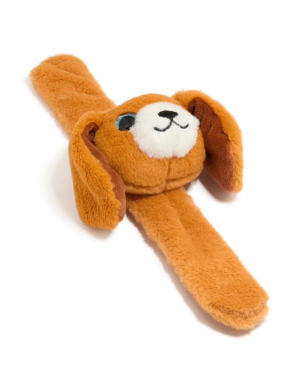 Featuring a kids plush slap band with dog in peru, saddle brown, white, and black bracelet front view