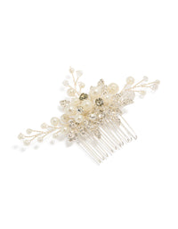 Discover this silver pearl and diamante leaf comb front view - link has visual effect only