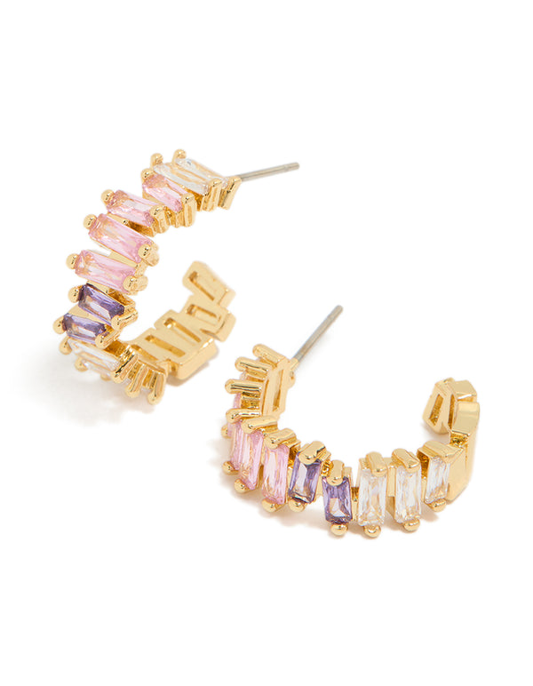 Showcasing statement hoop earrings with baguette cut cubic zirconia in pink purple and lavender gold plated front view