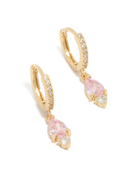 Showcasing dainty huggie earrings with pink cubic zirconia, gold plated finish front view - link has visual effect only