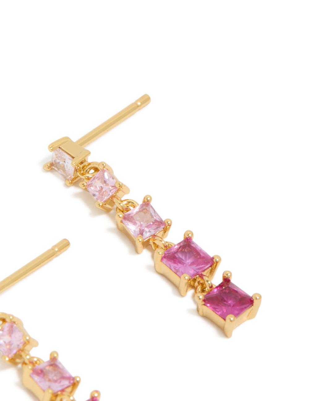 Crafted from cubic zirconia featuring gold hot pink light pink gradient statement drop earrings post detail view