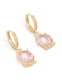 Showcasing gold pink cubic zirconia square huggie earrings in statement style with clear accents front view - link has visual effect only