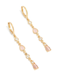 Beautifully crafted gold plated cubic zirconia trio and pink catseye drop huggie earrings front view - link has visual effect only