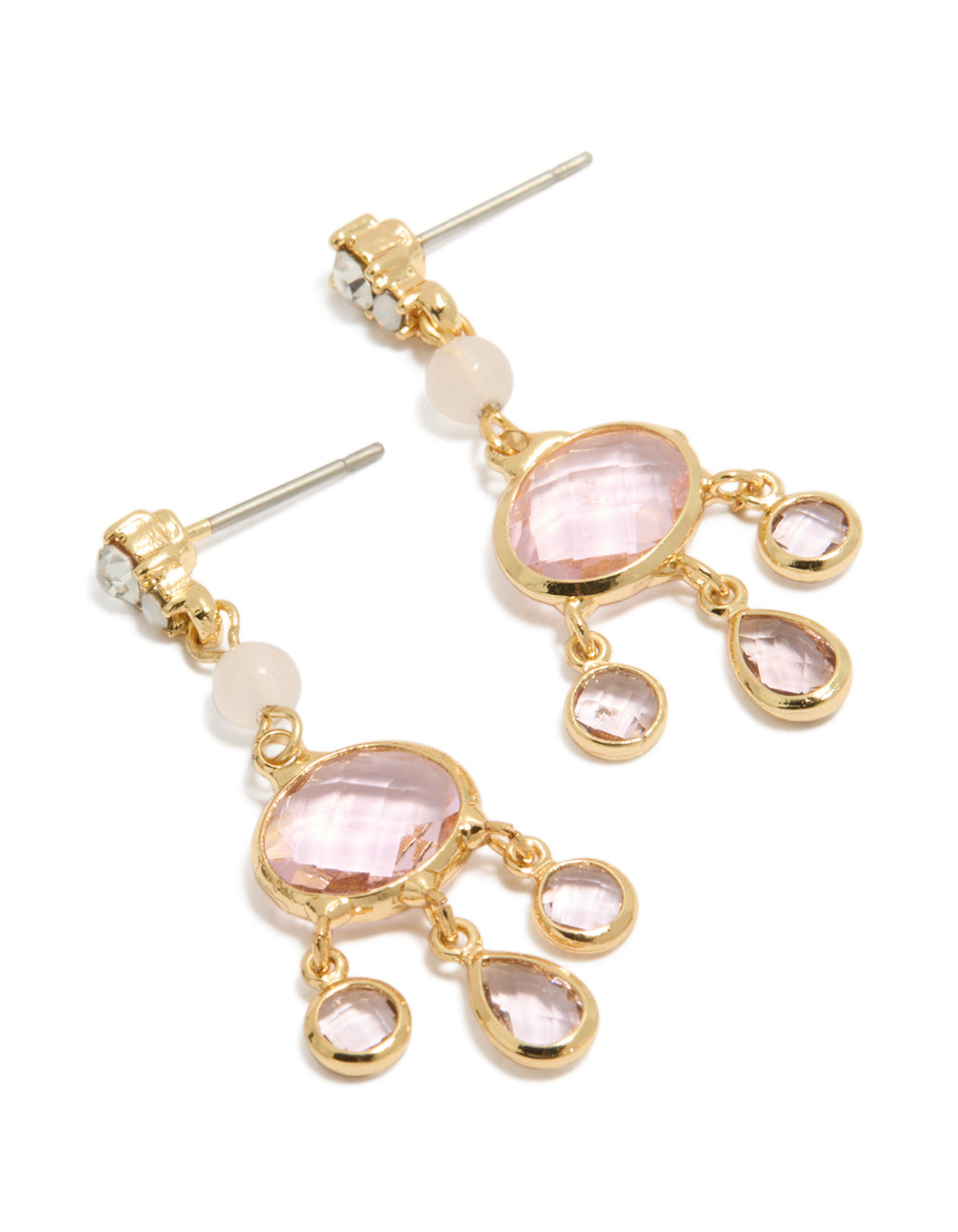 Showcasing gold plated clear bead and diamante drop earrings with charm details front view