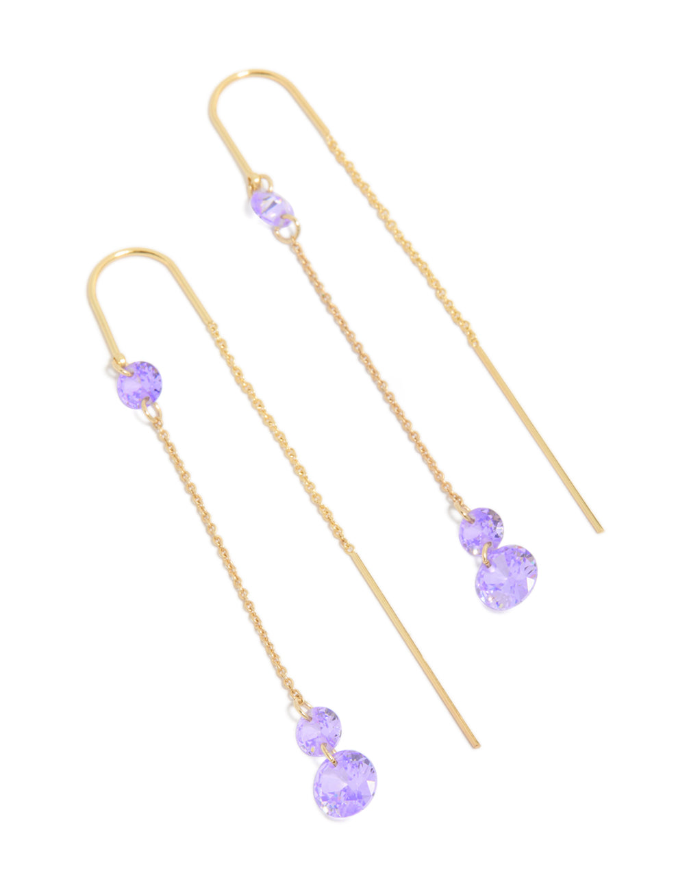Showcasing gold plated purple cubic zirconia drop thread through hook earrings with statement floral design front view