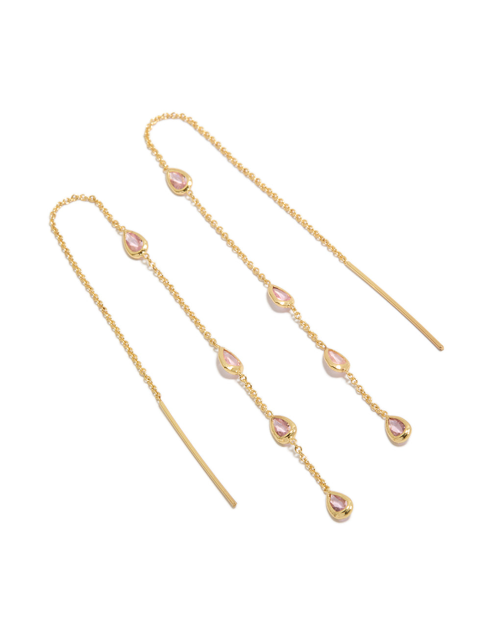 Crafted from gold plated metal, these threader earrings with pear shape pink diamante stone station accents front view