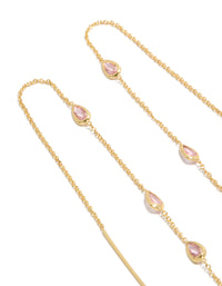 Featuring gold plated pear pink diamante station threader earrings in a close up view - link has visual effect only