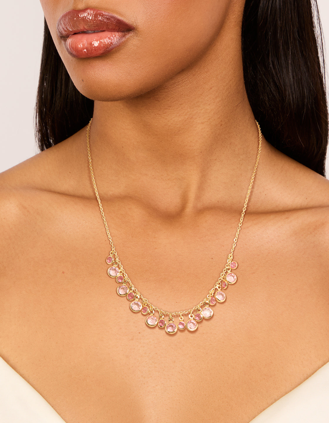 Gold Pink Cubic Zirconia Circles Charm Necklace