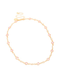 Elegant gold pink and clear cubic zirconias round station necklace front view - link has visual effect only