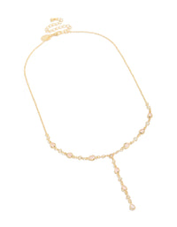 Elegant gold plated pink oval cubic zirconia Y-necklace front view - link has visual effect only