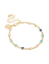 Crafted from gold plated metal, this bracelet features pink and blue cubic zirconia stones in a dainty style front view - link has visual effect only