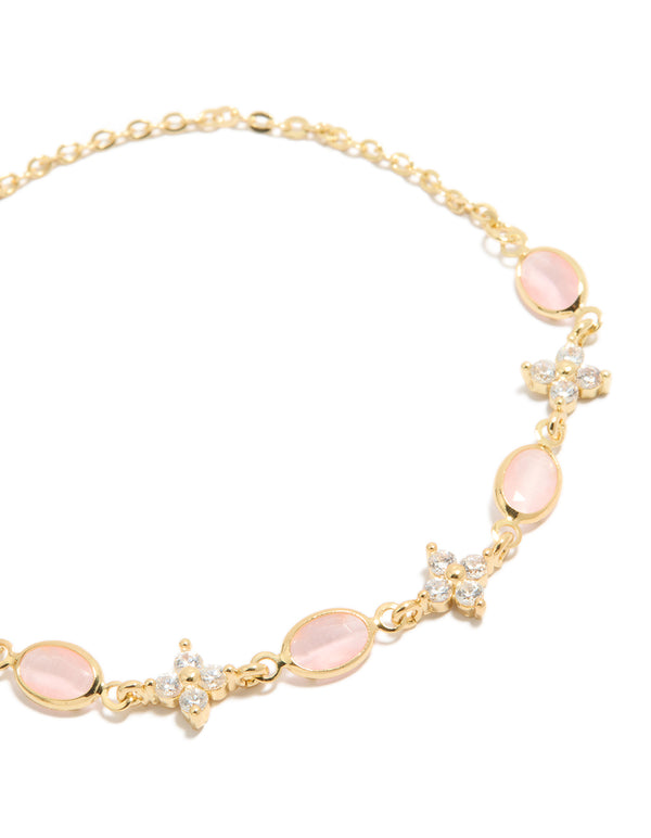Gold Plated Oval Pink Stones & Cubic Zirconia  Flowers Toggle Bracelet