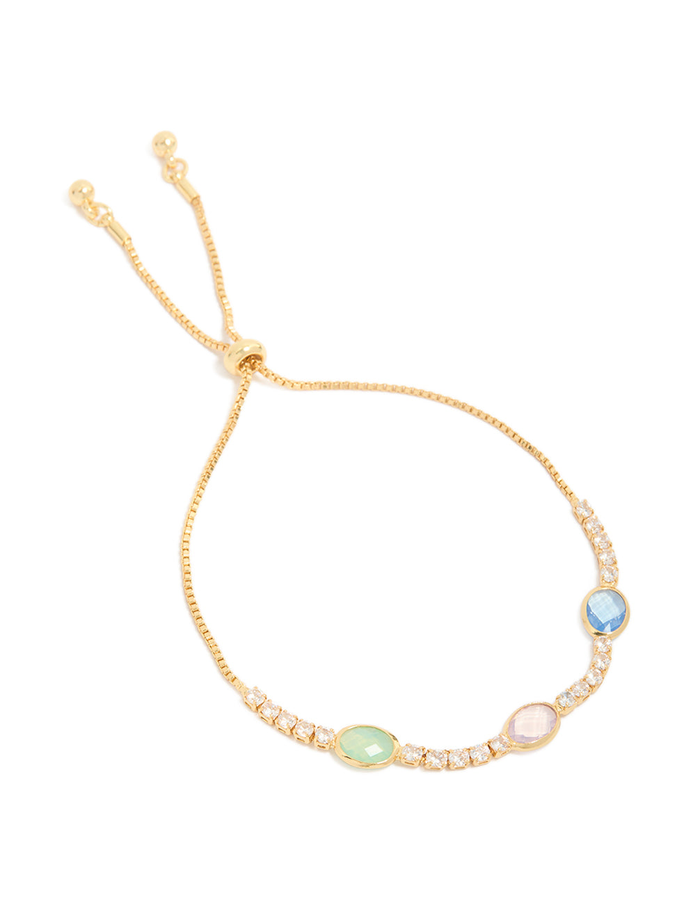 Beautifully crafted bezel toggle bracelet with cubic zirconia in blue, pink and green tones, plated gold finish front view