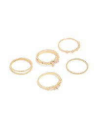 Showcasing gold pink and clear cubic zirconia flower rings 5-pack with butterfly featuring crystal front view - link has visual effect only