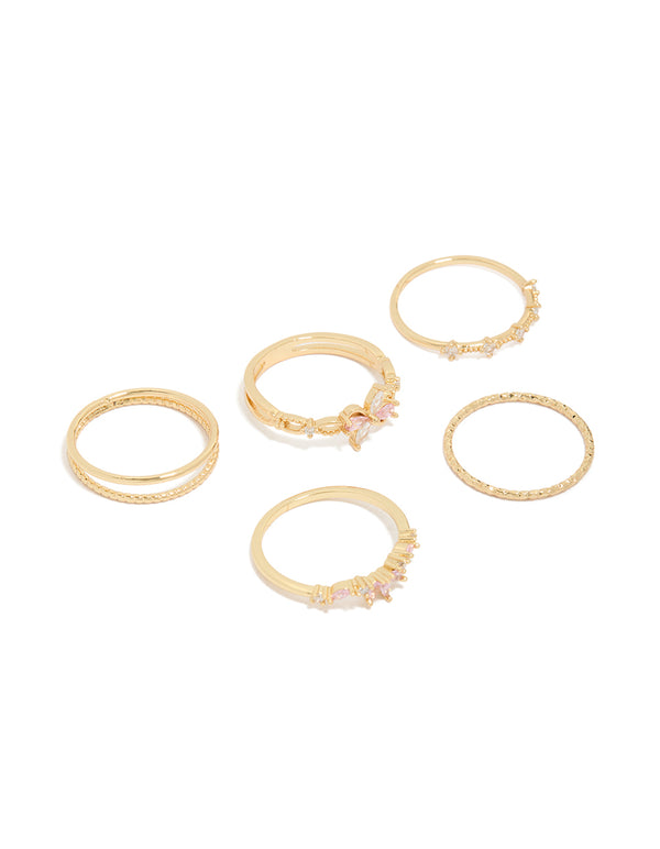 Showcasing gold pink and clear cubic zirconia flower rings 5-pack with butterfly featuring crystal front view