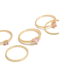 Featuring gold plated pink heart cubic zirconia and molten rings 5-pack with crystal detailing close up view - link has visual effect only
