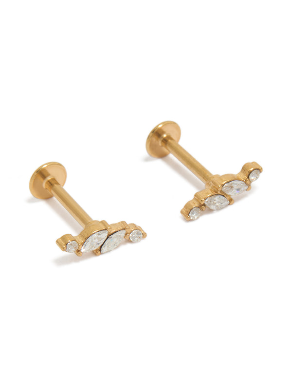 Dainty gold plated surgical steel studs featuring vine design with marquise cut cubic zirconia stones and flat back closure front view