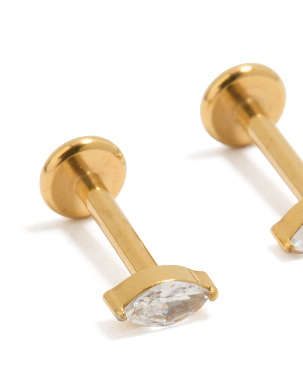 Gold Plated Surgical Steel Steel Cubic Zirconia Marquise Flat Back Studs