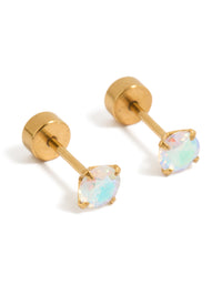 Crafted from gold plated surgical steel, these kids stud earrings feature iridescent cubic zirconia stones with flat back closure front view - link has visual effect only