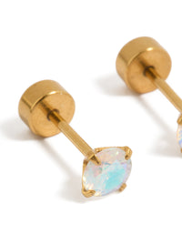 Showcasing kids gold plated surgical steel stud earrings with iridescent cubic zirconia and flat back closure post detail view - link has visual effect only
