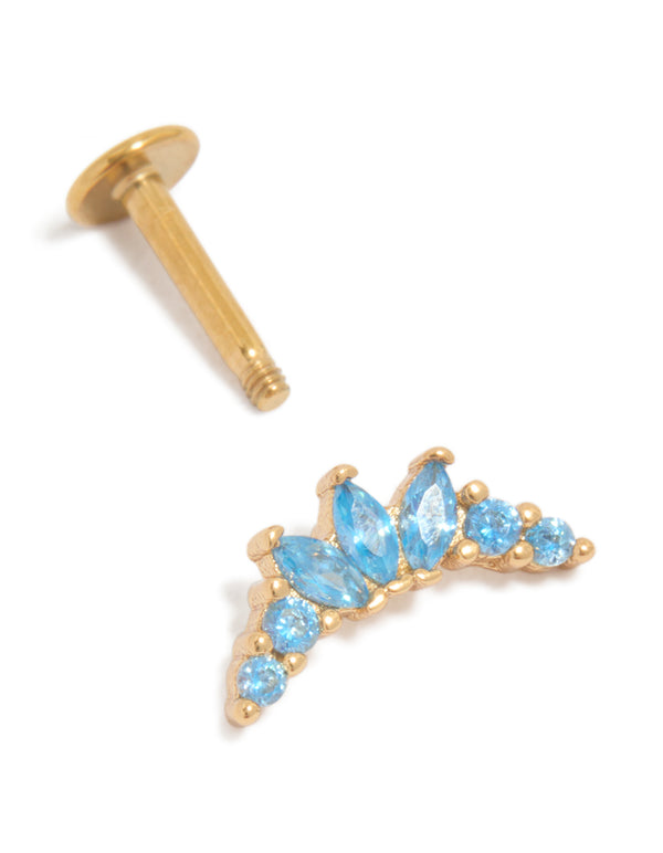 Gold Plated Surgical Steel Blue  Cubic Zirconia Marquise Flat Back Single Stud