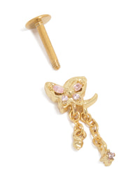 Gold Plated Surgical Steel Pink Cubic Zirconia Chain Single Butterfly Flat Back Stud - link has visual effect only