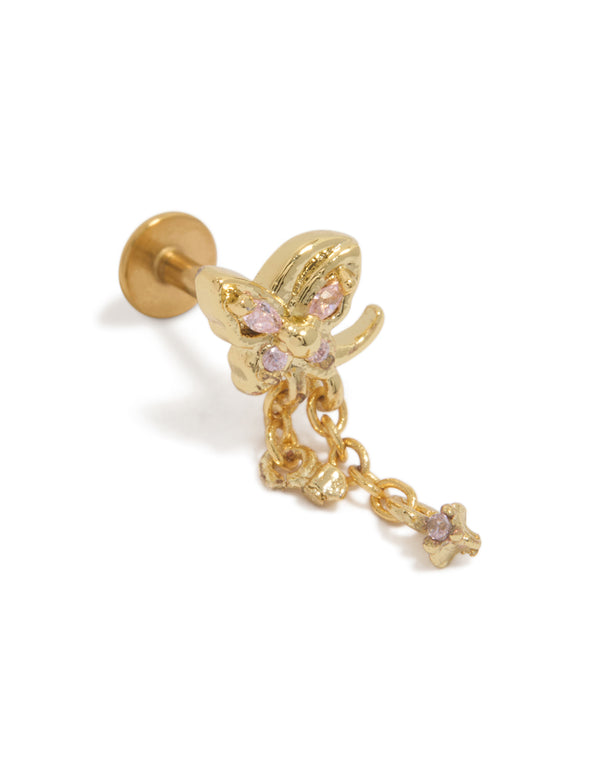 Gold Plated Surgical Steel Pink Cubic Zirconia Chain Single Butterfly Flat Back Stud
