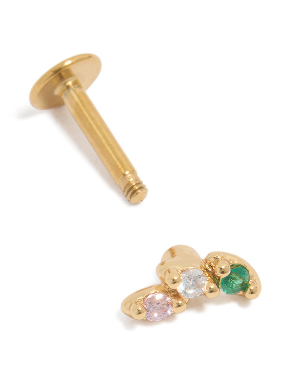 Gold Plated Surgical Steel Cubic Zirconia Pink & Green  Crawler Flat Back Single Stud