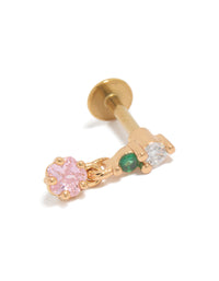 Gold Plated Surgical Steel Pink & Green Cubic Zirconia Circle Drop Single Flat Back Stud - link has visual effect only