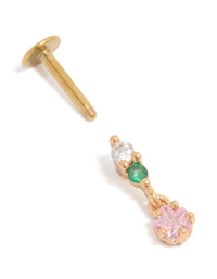 Gold Plated Surgical Steel Pink & Green Cubic Zirconia Circle Drop Single Flat Back Stud - link has visual effect only