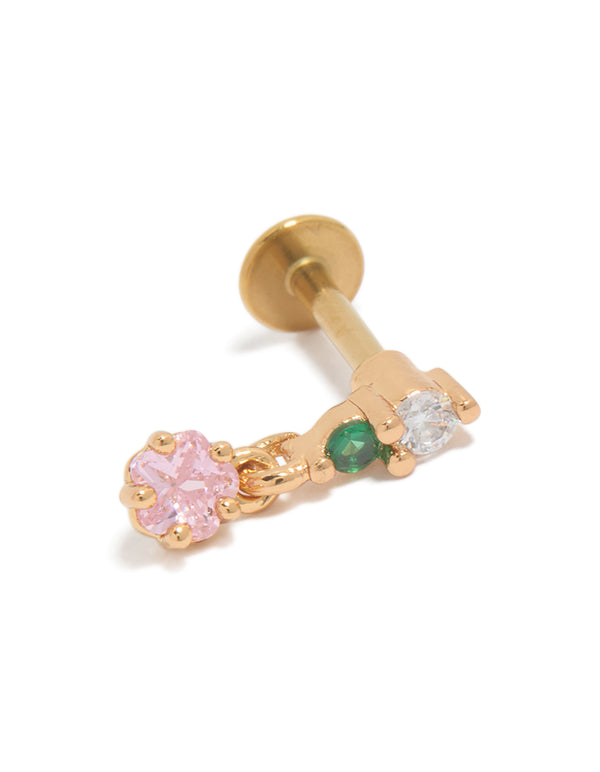 Gold Plated Surgical Steel Pink & Green Cubic Zirconia Circle Drop Single Flat Back Stud