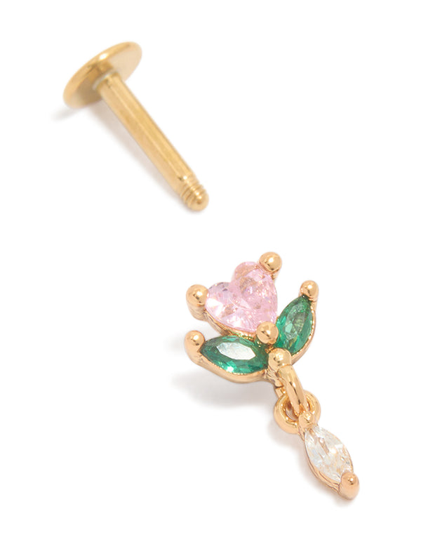 Gold Plated Surgical Steel Pink Cubic Zirconia Rose Drop Single Flat Back Stud
